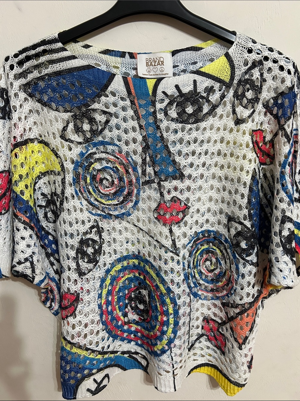 Brand Bazar White Italian Crochet Mesh Top with Multicolor Abstract Print